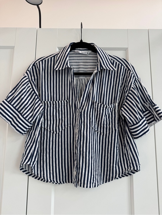 Zara Tops - Zara Navy and White Striped Button-Up Shirt
